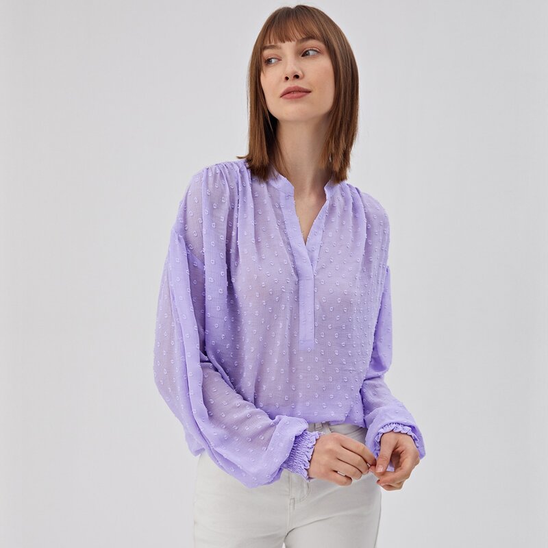 

Notched Neck Shirred Cuff Swiss Dot Top, Lilac purple