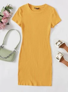 Muchica Solid Rib-knit Bodycon Dress - Yellow - View 1