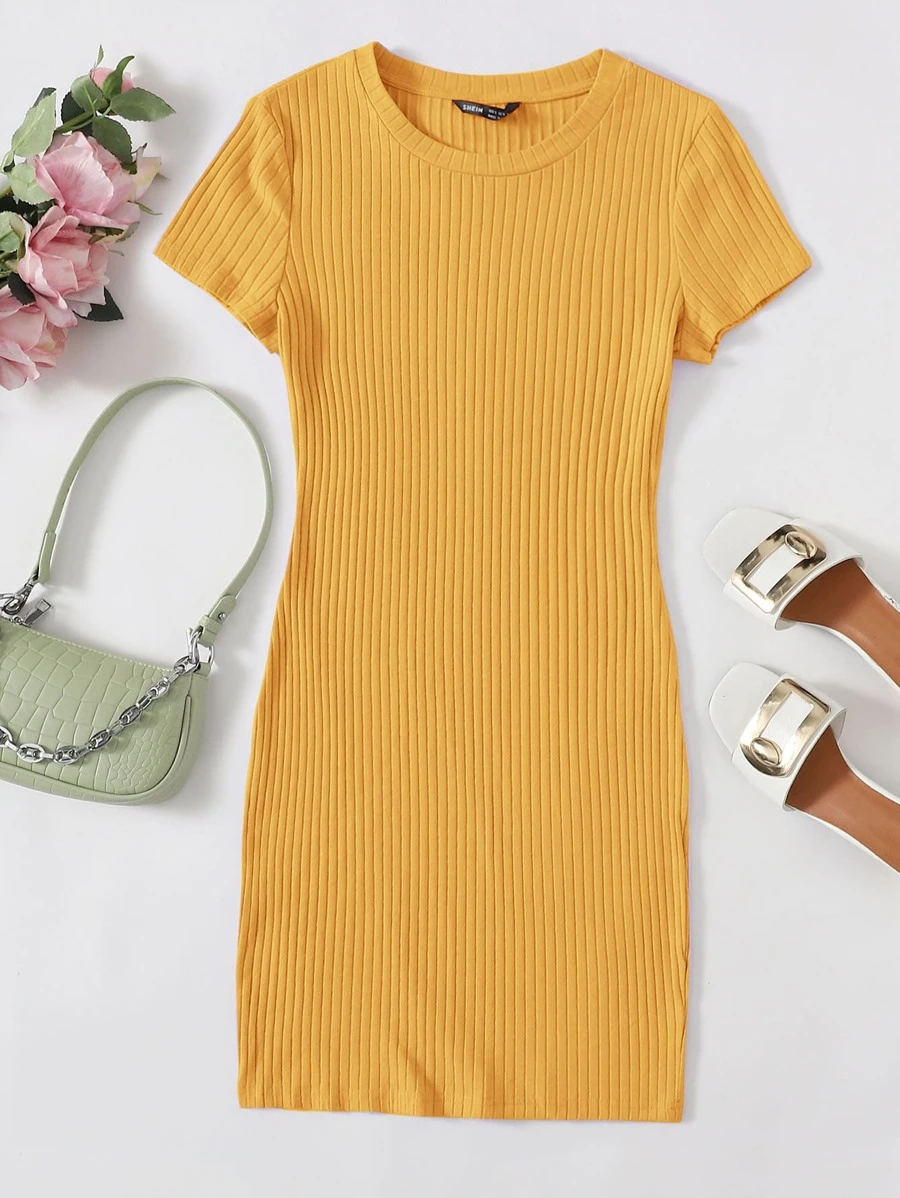 Muchica Solid Rib-knit Bodycon Dress - Yellow - View 1