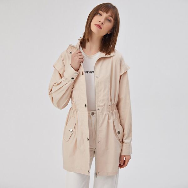 

Press Buttoned Zip Up Ruffle Trim Coat, Apricot