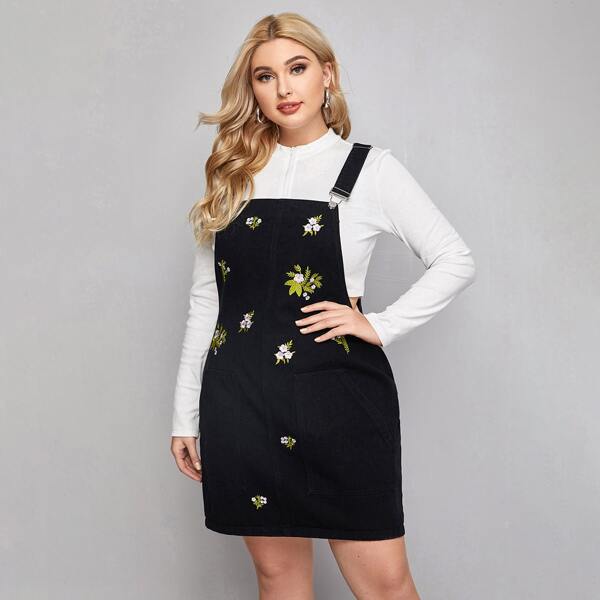 

Plus Embroidered Flower Denim Overall Dress, Black