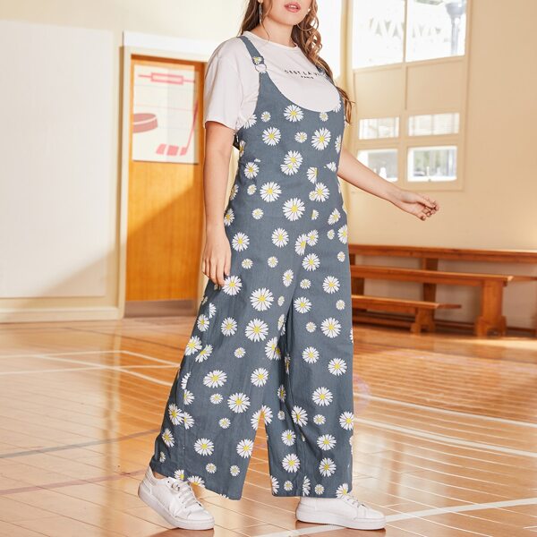 

Plus O-ring Strap Wide Leg Floral Print Pinafore Jumpsuit, Grey