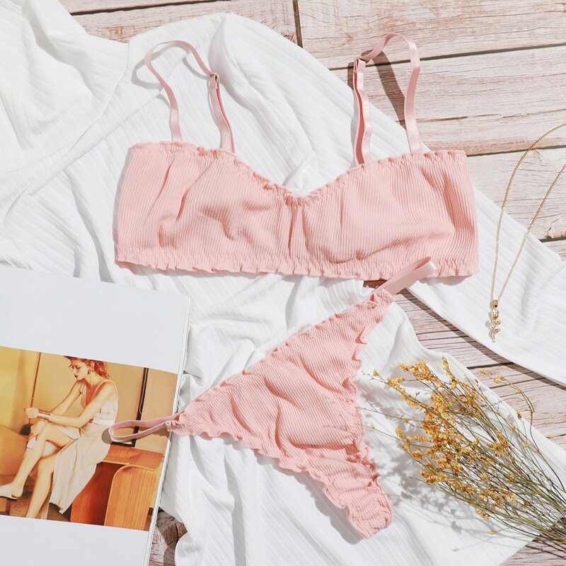

Rib Lettuce Trim Lingerie Set, Baby pink