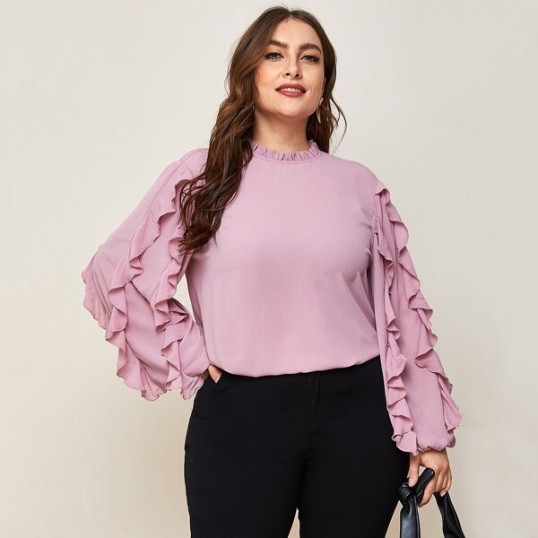 

Plus Ruffle Trim Lantern Sleeve Top, Pastel dusty pink