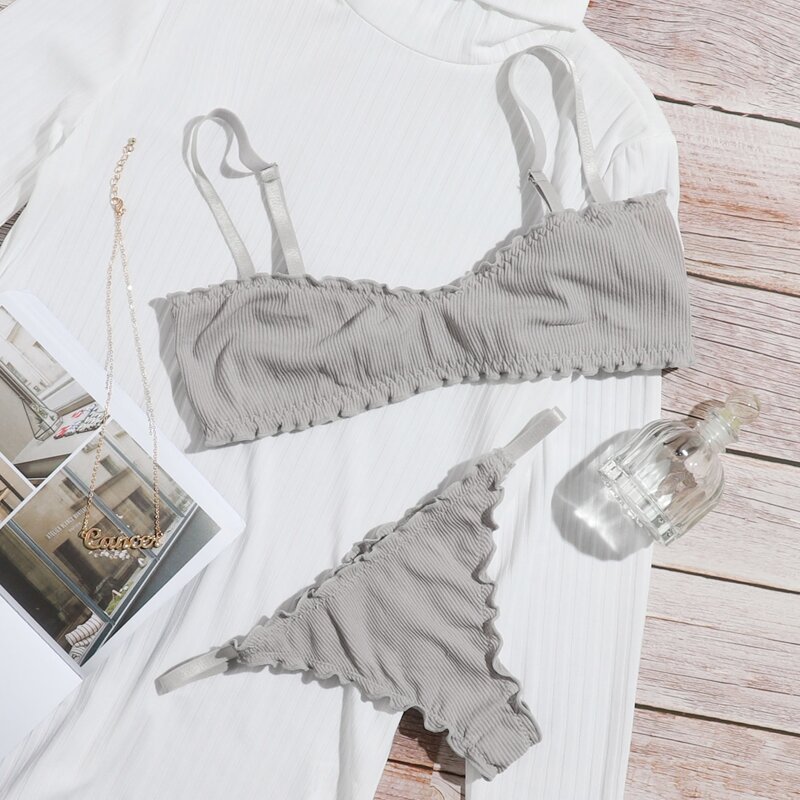 

Rib Lettuce Trim Lingerie Set, Grey