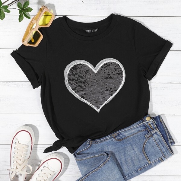 

Sequin Heart Detail Tee, Black