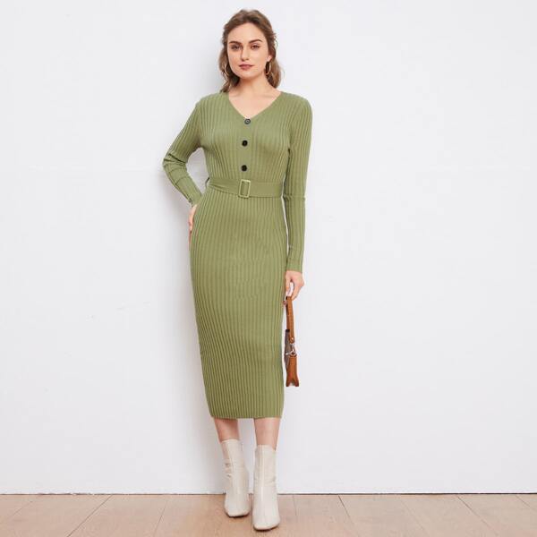 

Buttoned Front Rib-knit Sweater Dress With Belt, Lime green