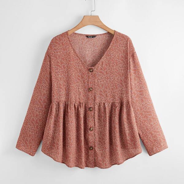 

Plus Buttoned Front Ditsy Floral Peplum Blouse, Redwood