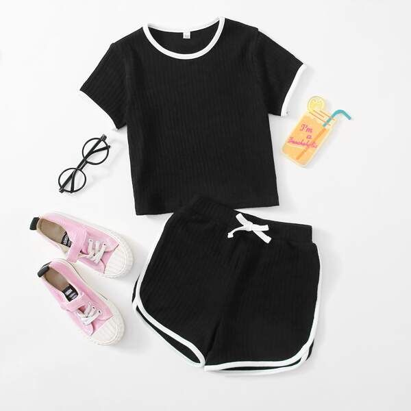 

Toddler Girls Contrast Binding Tee & Shorts, Black