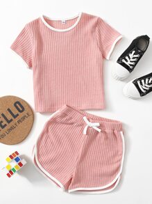 SHEIN Young Girl Contrast Binding Tee & Shorts - Dusty Pink - View 1