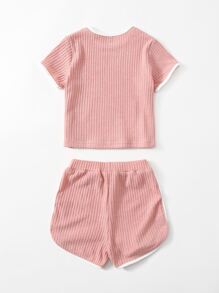 SHEIN Young Girl Contrast Binding Tee & Shorts - Dusty Pink - View 2