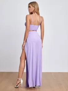 SHEIN BAE Solid Bralet Top and High Split Front Skirt Set - Lilac Purple - View 2