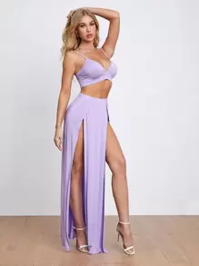 SHEIN BAE Solid Bralet Top and High Split Front Skirt Set - Lilac Purple - View 3