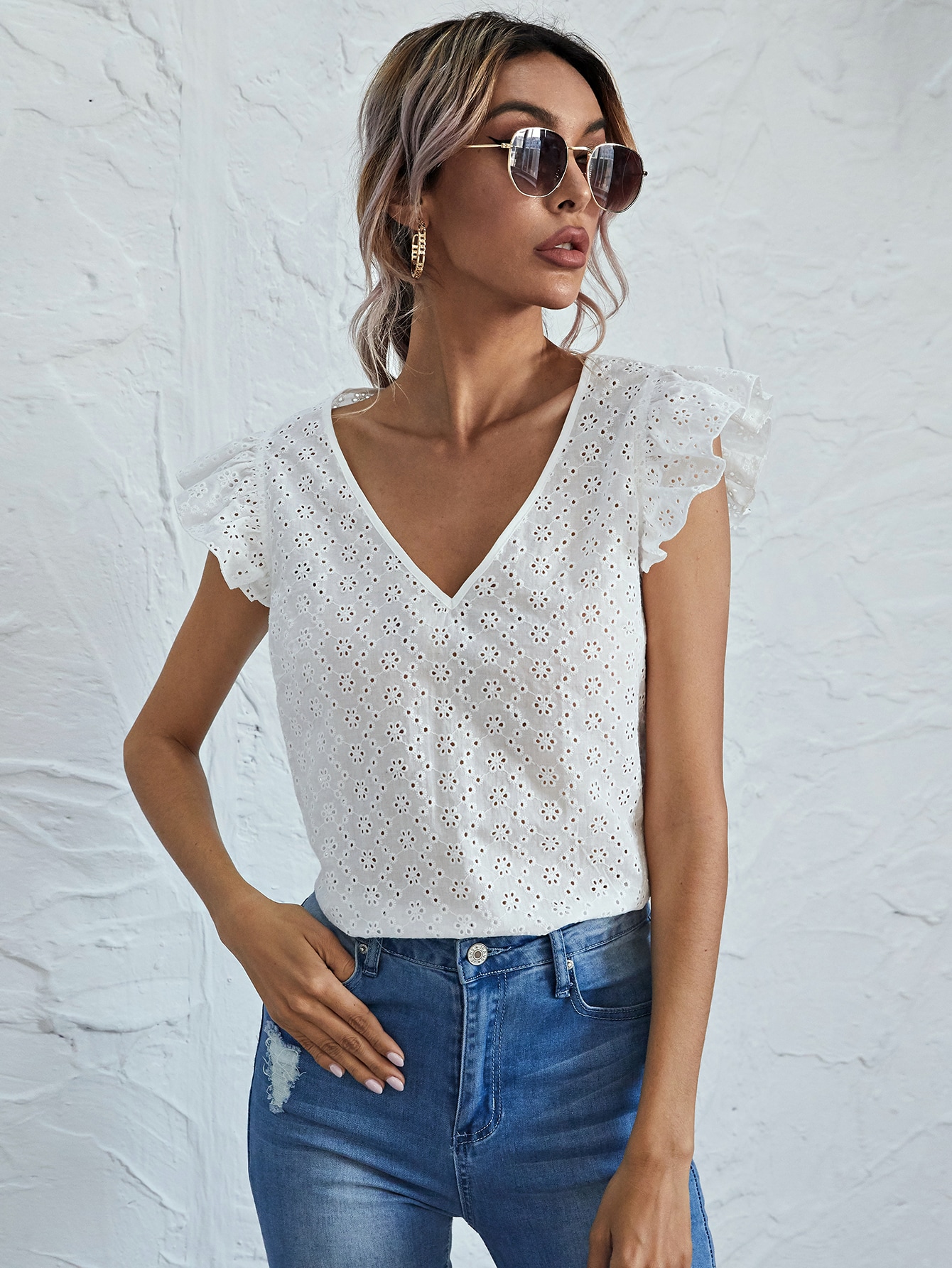 V-neck Ruffle Armhole Schiffy Top thumbnail