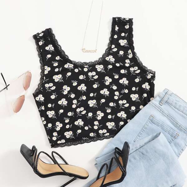 

Guipure Lace Trim Ditsy Floral Tank Top, Black and white
