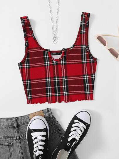 Notch Neck Lettuce Trim Plaid Crop Tank Top