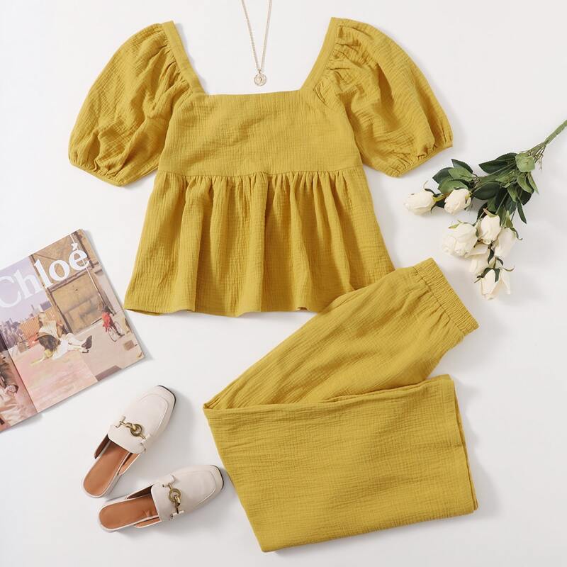 

Puff Sleeve Peplum Top & Pants Set, Yellow