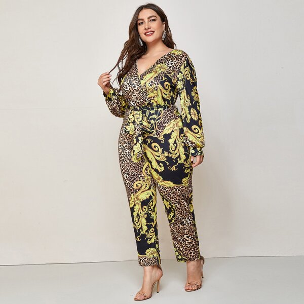 

Plus Baroque And Leopard Print Surplice Neck Belted Jumpsuit, Multicolor