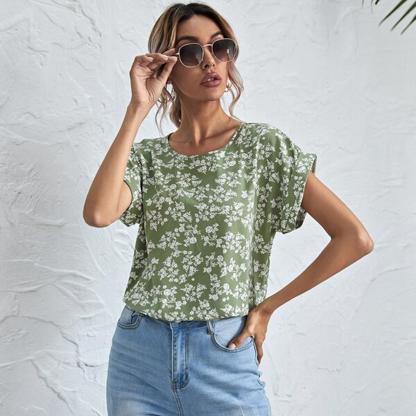 

Rolled Cuff Ditsy Floral Top, Multicolor