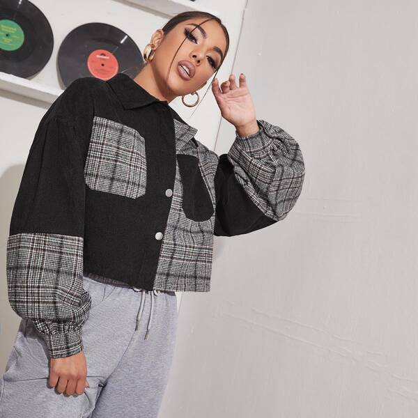 

Drop Shoulder Plaid Panel Cord Jacket, Black