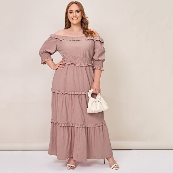 

Plus Solid Ruffle Trim Bardot Dress, Dusty pink
