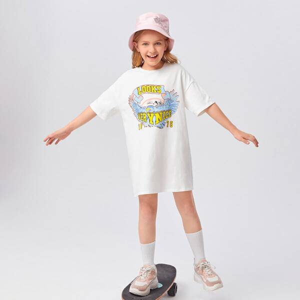 

Girls Drop Shoulder Letter & Wing Print Dress, White