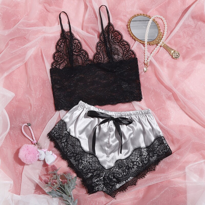 

Floral Lace Bralette With Satin Shorts, Multicolor