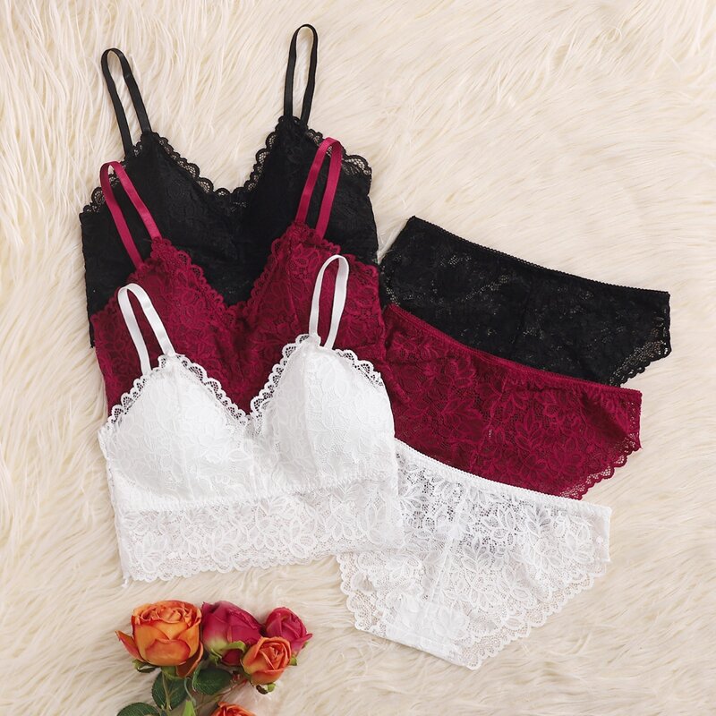 

3sets Floral Lace Lingerie Set, Multicolor