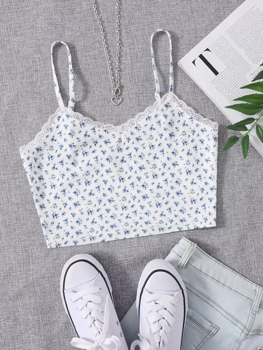 Muchica 蕾絲邊小碎花吊帶上衣