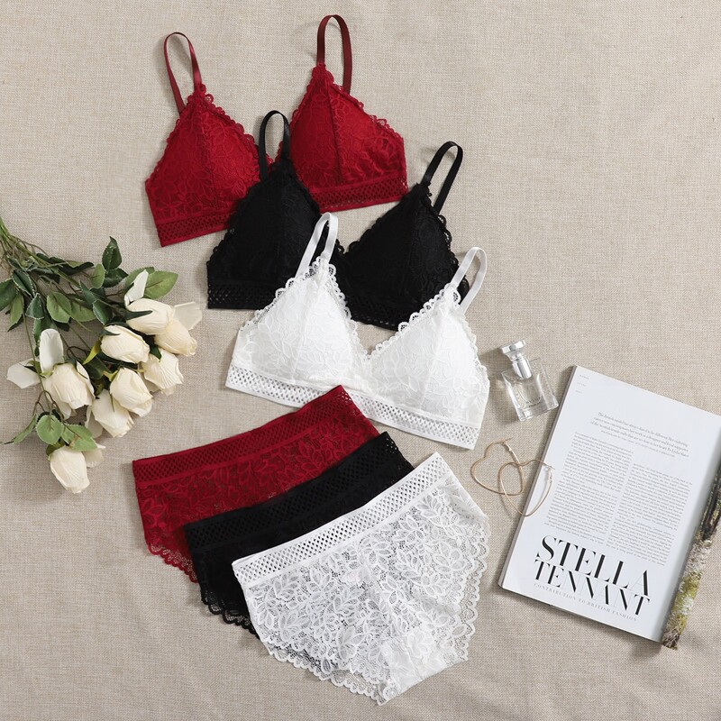 

3sets Floral Lace Lingerie Set, Multicolor