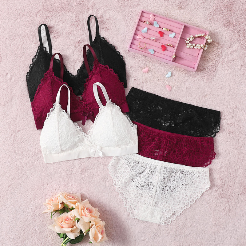 

3sets Floral Lace Lingerie Set, Multicolor
