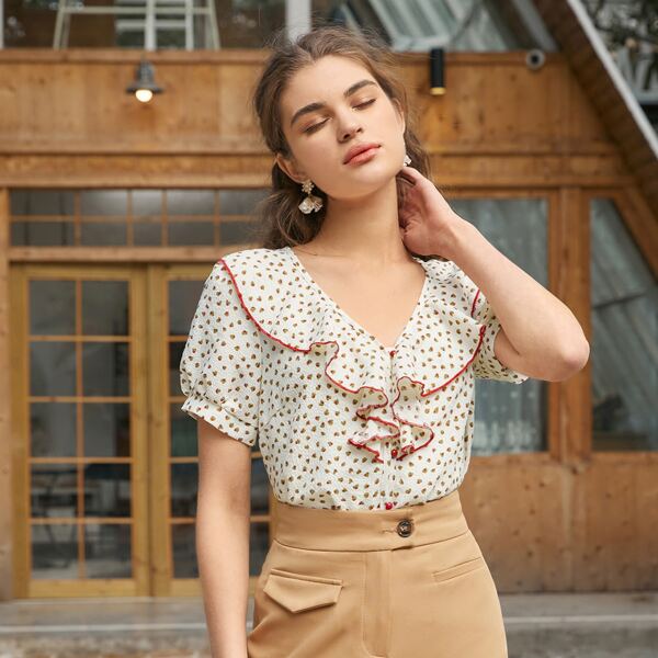 

Ditsy Floral Print Ruffle Trim Puff Sleeve Blouse