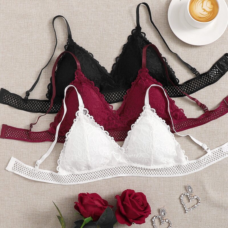 

3pack Floral Lace Hollow Out Trim Bra Set, Multicolor