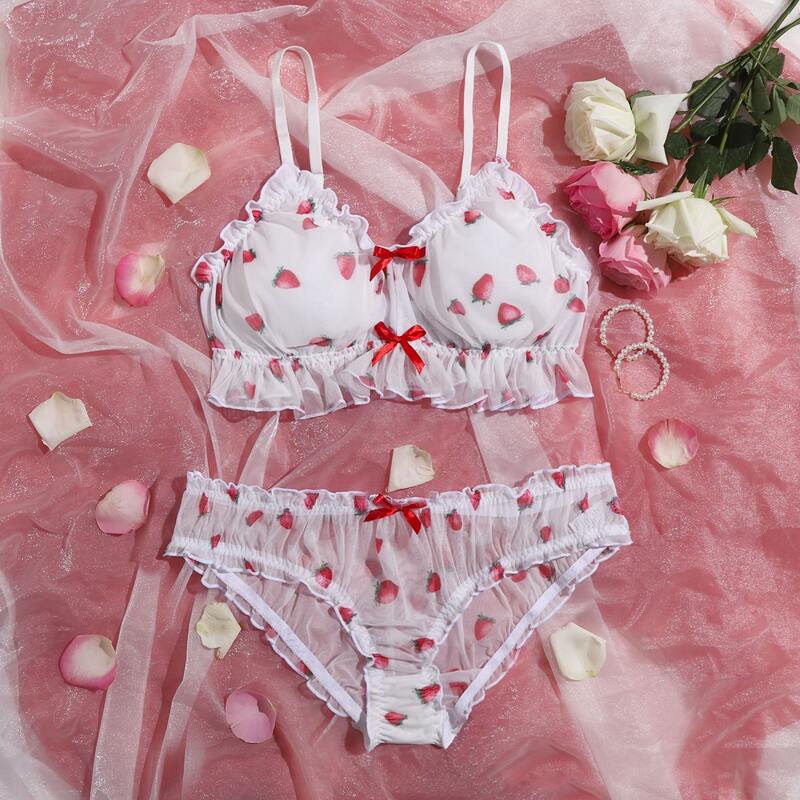 

Plus Strawberry Print Mesh Lingerie Set, White