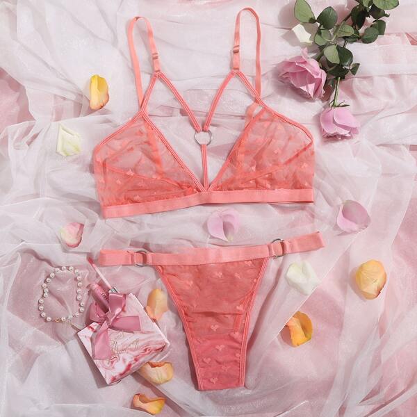 

Plus Heart Print Mesh Ring Linked Lingerie Set, Coral pink
