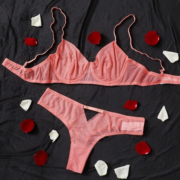 

Plus Sheer Mesh Underwire Lingerie Set, Coral pink
