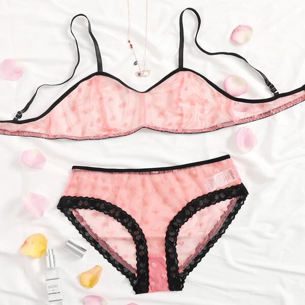 

Plus Heart & Dot Pattern Mesh Lingerie Set, Baby pink