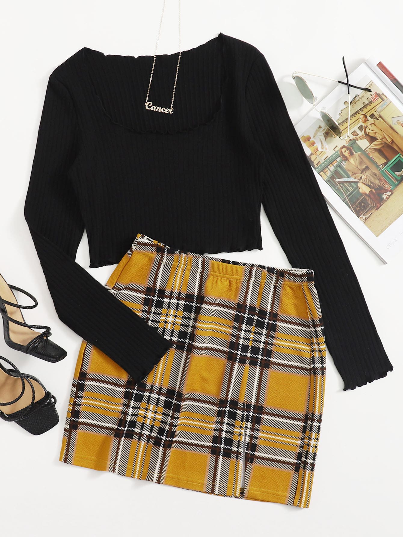 Lettuce Trim Rib-knit Tee & Split Hem Plaid Skirt Set thumbnail