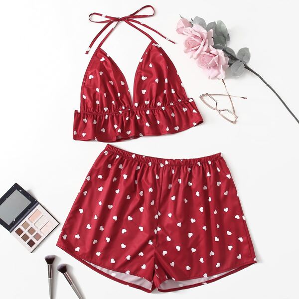 

Plus Allover Heart Print Halter Top & Shorts PJ Set, Rose red