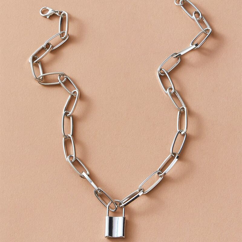 

Guys Lock Decor Chain Necklace, Silver
