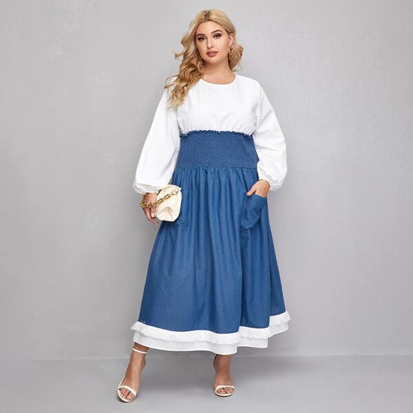 

Plus Lantern Sleeve Shirred Waist Colorblock Dress, Blue and white