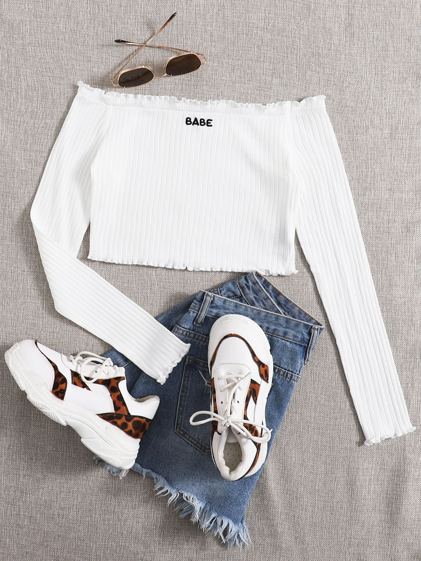 Off Shoulder Lettuce Trim Letter Embroidery Top thumbnail