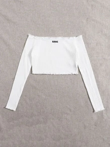 Muchica 露肩生菜邊字母刺繡上衣 - 白色 - View 4