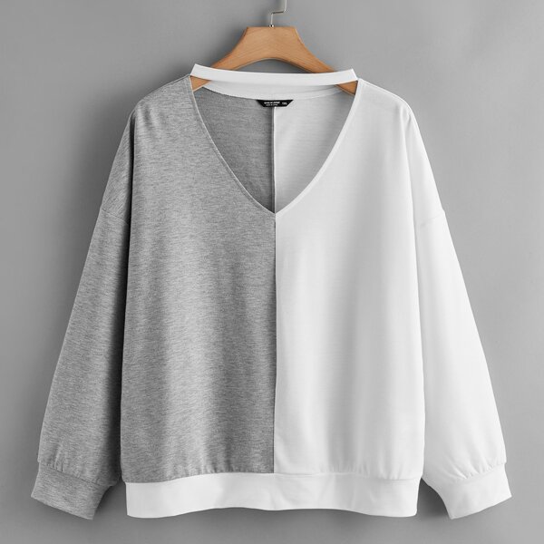 

Plus V-neck Drop Shoulder Spliced Sweatshirt, Multicolor