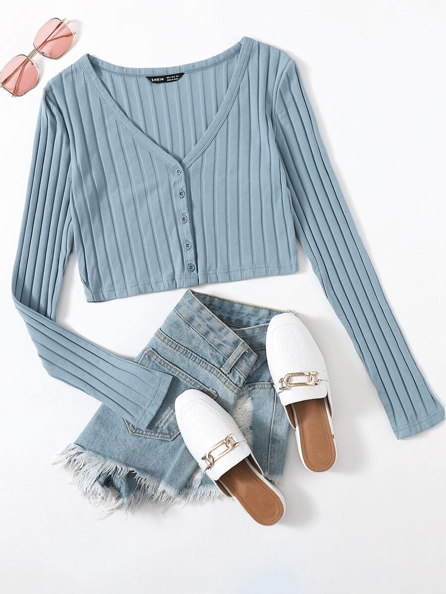 SHEIN EZwear V Neck Button Front Ribbed Top - Dusty Blue - View 1