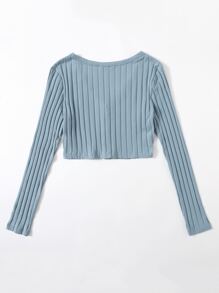 SHEIN EZwear V Neck Button Front Ribbed Top - Dusty Blue - View 2