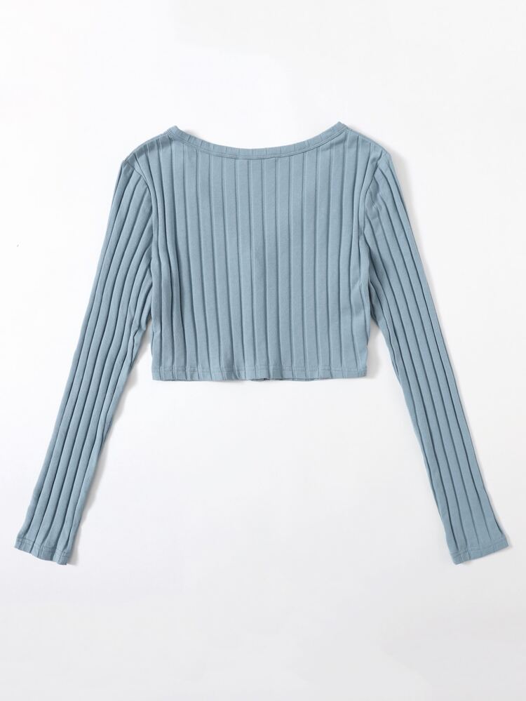 SHEIN EZwear V Neck Button Front Ribbed Top - Dusty Blue - View 2