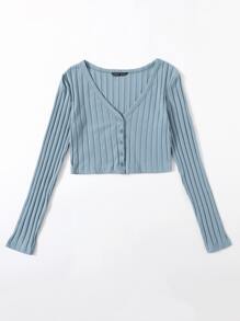 SHEIN EZwear V Neck Button Front Ribbed Top - Dusty Blue - View 3