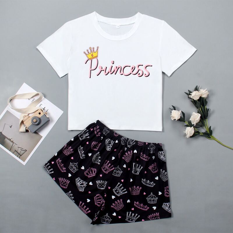 

Crown And Letter Graphic Pajama Set, Black and white