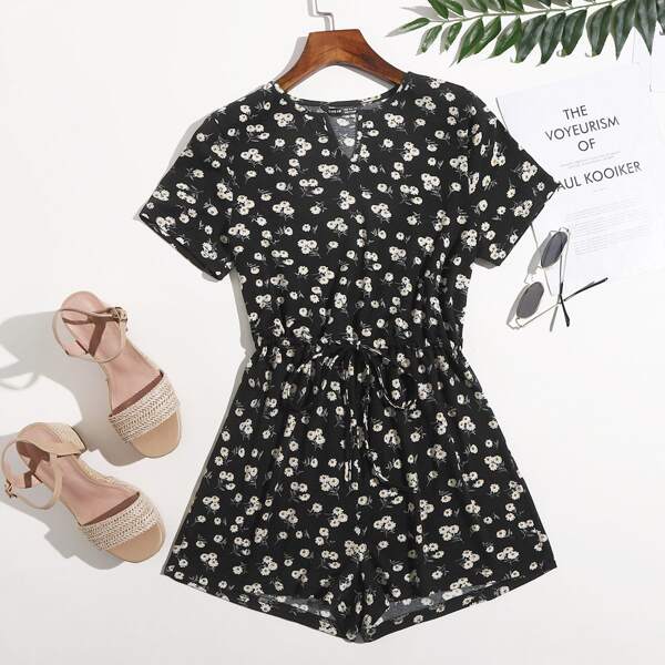 

Daisy Floral Tie Waist Romper, Black